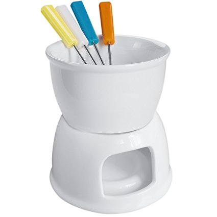 Tebery Fondue Set With 4 Color Forks, Premium Tea Light Porcelain Melting Pot For Cheese, Chocolate and Tapas - White