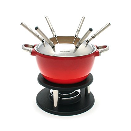 Swissmar Noirmont Enameled Cast-Iron 10-Piece Meat Fondue Set, Red