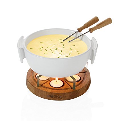 Boska Holland Tea light Fondue Set with Oak Wood Base, 1 L White Stoneware Pot, Life Collection