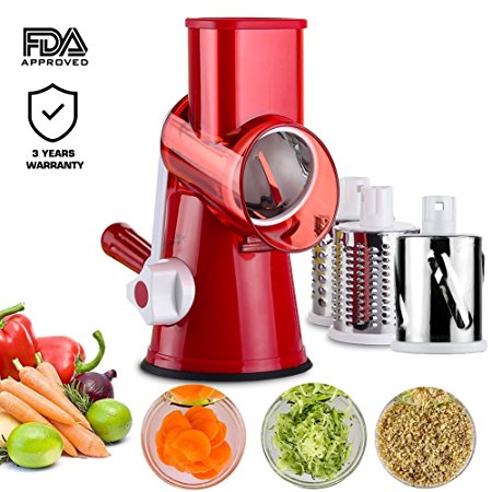 Manual Hand Speedy Mandoline Slicer Pasta Salad Maker Vegetable Fruit Cutter Rotating Drum Cheese Grater Potato Tomato Food Slicer With 3 Round Stainless Steel Blades (Red)