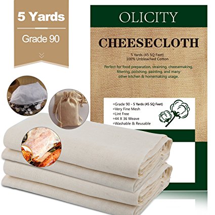 Olicity Cheesecloth, Grade 90, 45 Square Feet, 100% Unbleached Cotton Fabric Ultra Fine Cheesecloth for Cooking, Strainer, Baking, Hallowmas Decorations (5 Yards)