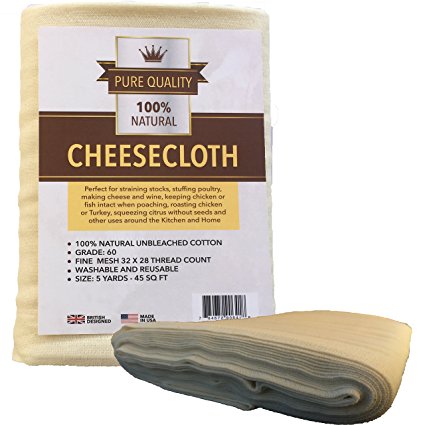 Cheesecloth - Unbleached Natural Cotton Cloth - Best Grade 60 for Cooking Food, Making Cheese, Straining Nut Milks, Basting Turkey - 5 Sq Yards from Pure Quality - Washable and Reusable Strainer