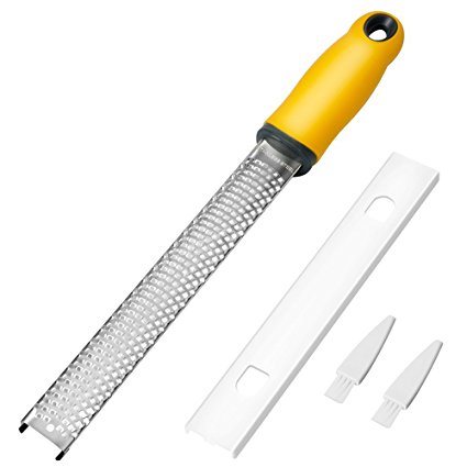 Premium Lemon Zester with Hanging Loop, Siasky Stainless Steel Cheese Grater for Cheese, Lemon, Coconut - Razor - Sharp Stainless Steel Blade + Protect Cover + 2 Pcs Clean Brush