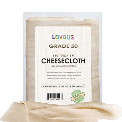 LOVOUS 100% Unbleached Cheesecloth Ultra-Fine Grade 50 Butter Muslin Perfect for Cooking, Nut milk Filter, Cheese Making, Broth Strainer, Muslin Bag 5 Sq Yards/ 45 SQ Feet