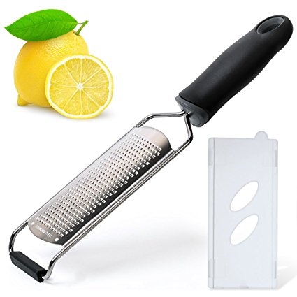 Premium Cheese grater, Stainless Steel Lemon Zester with Black Soft Grip Handle, Kitchen Tools for Hard Cheese, Lemon, Chocolate, Ginger, Potato, Vegetables, Rubber Protective Cover