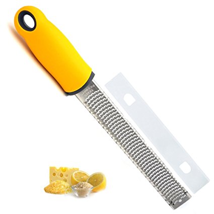 Crysto Lemon Zester - Cheese Grater - Professional Kitchen Tool - Stainless Steel Blade for Citrus, Parmesan Cheese, Garlic, Nutmeg, Ginger - with Non-slip Yellow Handle