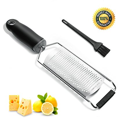 Parmesan Cheese Grater, Upgrade Lemon Zester Tool with Stainless Steel Blade and Cleaning Brush for Chocolate, Coconut, Citrus, Potato, Ginger and Fine Grate Spices, Ergonomic Handle, Black