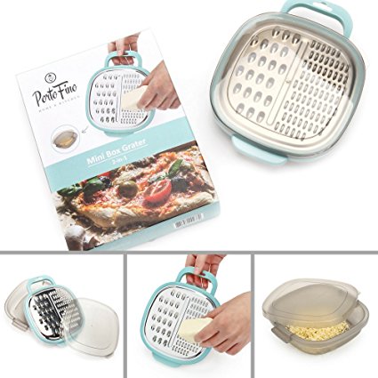 PortoFino Mini Box Grater – Parmesan Cheese, Lemon, Garlic, Ginger, Chocolate | Stainless Steel Coarse & Fine Grater | Food Storage Container & Lid | Space Saving Design | Kitchen Prep Accessories