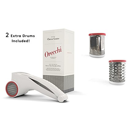 Orecchi Rotary Cheese Grater with Three Interchangeable Drums - Vegetable Cutter Slicer and Shredder