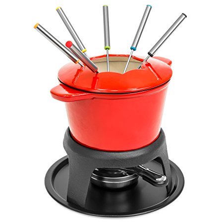 Best Choice Products Cast Iron Enamel Fondue Set w/6 Forks, Carrying Handles, and Splash Protector - Red