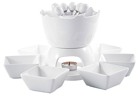 Malacasa Series Favor, Two-layer Ceramic Porcelain Tealight Candle Cheese Butter Chocolate Fondue Set with 6 Dipping Bowls 6 Forks, Ivory White