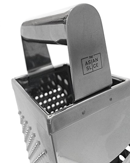 Premium Quality Box Cheese Grater By The Asian Slice –Super Strong Handle & Solid, Durable Body Made Of Stainless Steel –Rubber Bottom Ring –Four Sides; Grater, Slicer, Shredder & Zester