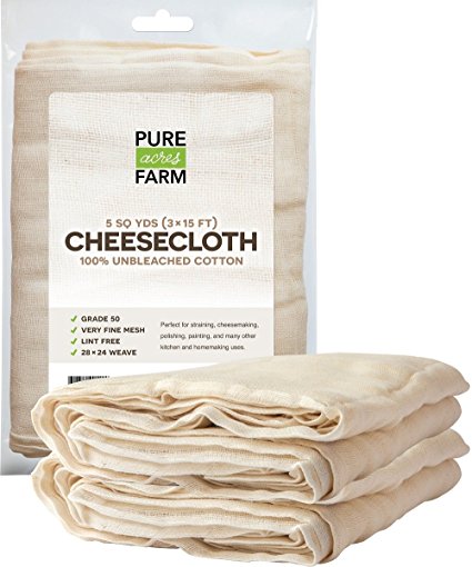 Cheesecloth - 45 Sq Feet: Grade 50 - 100% Unbleached Cotton - Filter - Strain - Reusable (5 Yards, 50 Weight)