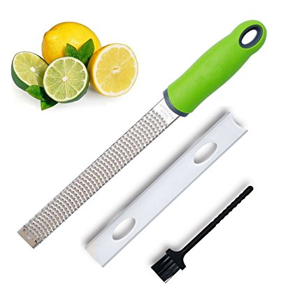 Zester, Stainless Steel Grater, Cheese, Lemon, Ginger & Potato Zester with Plastic Cover, Long Ergonomic Handle with Non-slip Rubber Base