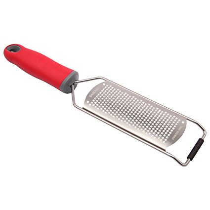 Baroyal Fine Lemon Zester & Cheese Grater – Sharp Stainless Steel Blade – Easy To Use On Parmesan, Citrus, Ginger, Garlic, Nutmeg, Food, Coconut, Chocolate – Soft Red Handle – Plus Safety Cover